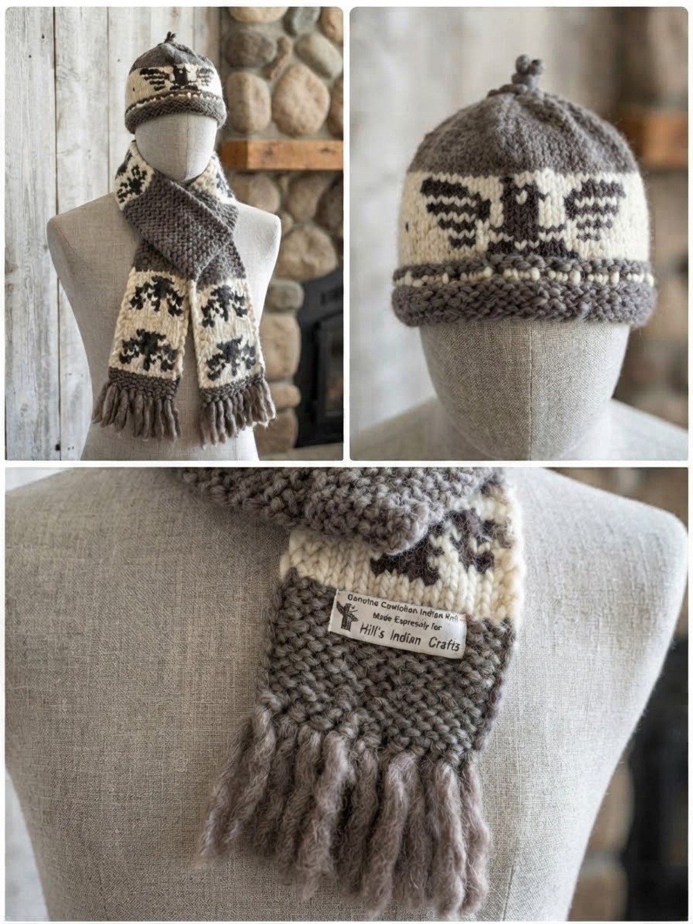 Hand-Knit Gray & Cream Wool Hat and Scarf Set